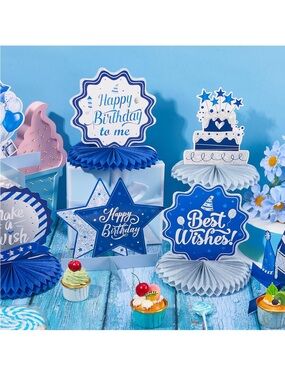 NEW Happy Birthday & Best Wishes Blue Party Centerpiece Set of 12🌼